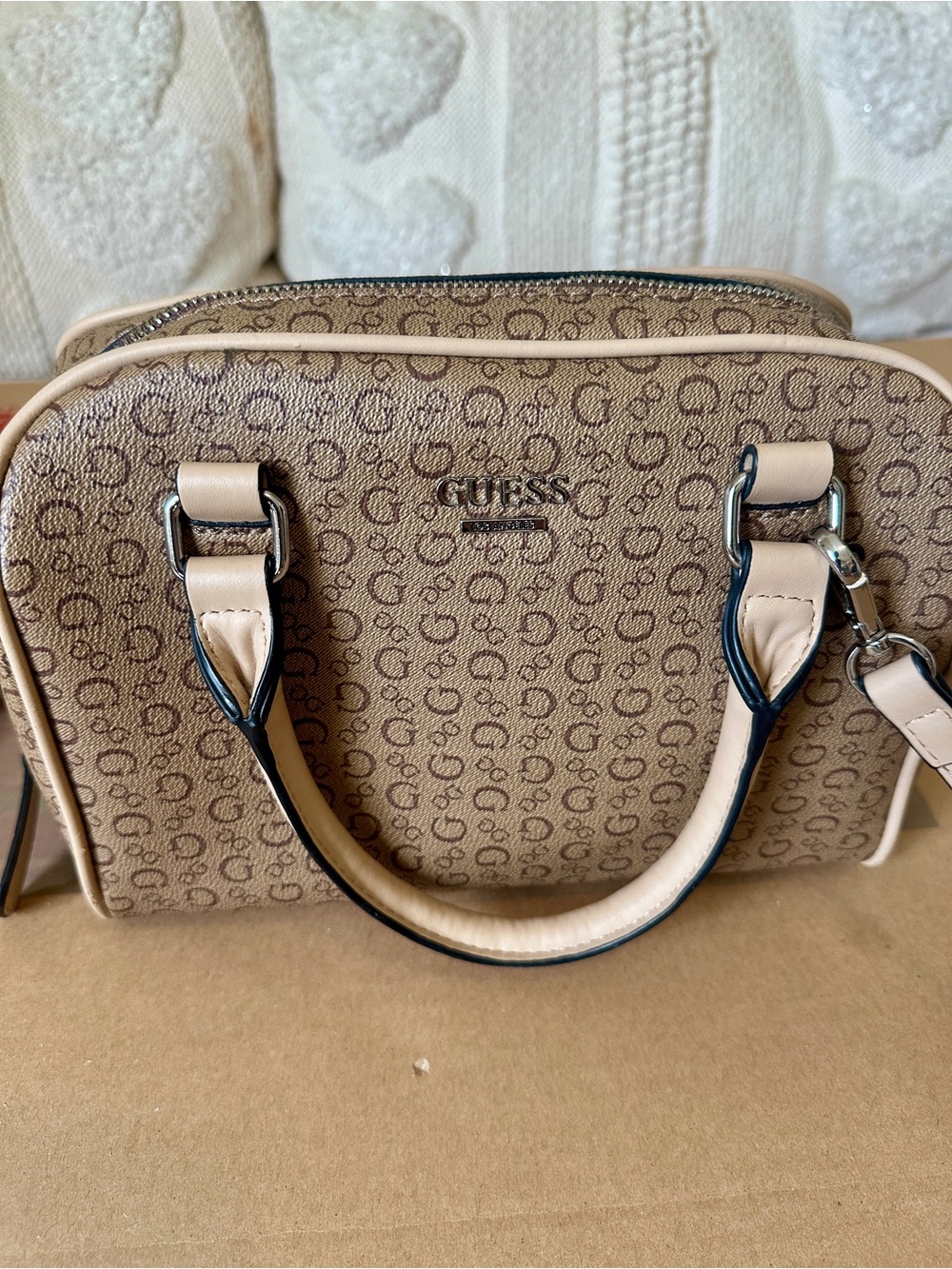 The GUESS Logo Print Small Satchel Top Handle Bag in beige and brown - Picture 3 of 9